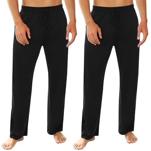 Marvmys 100% Baumwolle Herren Lange Schlafanzughose Einfarbige Pyjamahose Schlafhose Haushose Freizeithose Yogahose mit Gürtel und Taschen schwarz+schwarz L von Marvmys