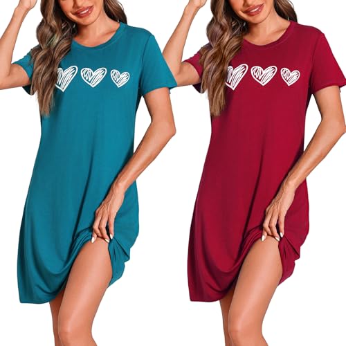 Marvmys 2er Nachthemd Damen Kurzarm Schlafshirt Baumwolle Printed Sleepshirt Sommer T-Shirt Schlafhemd Frauen Nachtwäsche Schlafkleid von Marvmys
