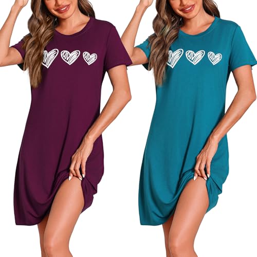 Marvmys 2er Nachthemd Damen Kurzarm Schlafshirt Baumwolle Printed Sleepshirt Sommer T-Shirt Schlafhemd Frauen Nachtwäsche Schlafkleid von Marvmys