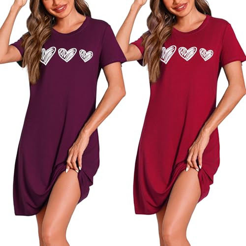Marvmys 2er Nachthemd Damen Kurzarm Schlafshirt Baumwolle Printed Sleepshirt Sommer T-Shirt Schlafhemd Frauen Nachtwäsche Schlafkleid von Marvmys