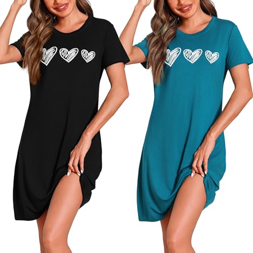 Marvmys 2er Nachthemd Damen Kurzarm Schlafshirt Baumwolle Printed Sleepshirt Sommer T-Shirt Schlafhemd Frauen Nachtwäsche Schlafkleid von Marvmys