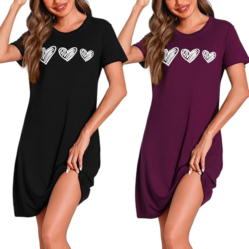Marvmys 2er Nachthemd Damen Kurzarm Schlafshirt Baumwolle Printed Sleepshirt Sommer T-Shirt Schlafhemd Frauen Nachtwäsche Schlafkleid von Marvmys