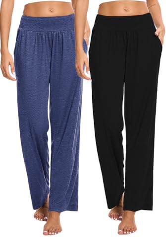 Marvmys 2er-Pack Yogahose Pilates Hosen Damen Jogginghose Lang Baumwolle Hohe Taille Activewear-Hosen Straighthose Fitness Sporthose Freizeithosen von Marvmys