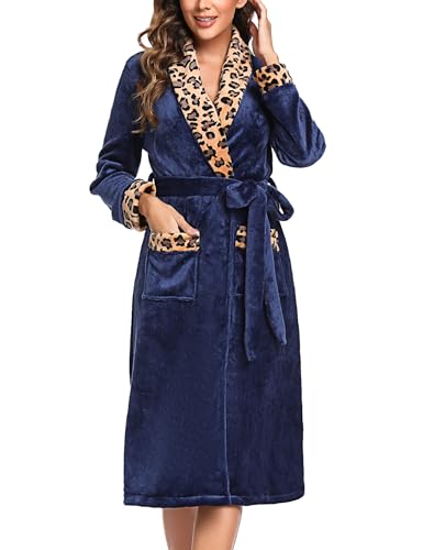 Marvmys Bademantel Damen Langarm Fleece Morgenmantel mit Leopardenmuster Schalkragen Frauen Flanell Saunamantel Flauschig Kimono Robe mit Taschen und Bindegürtel XL dunkelblau+gelbes Leopardenmuster von Marvmys