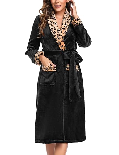 Marvmys Bademantel Damen Langarm Fleece Morgenmantel mit Leopardenmuster Schalkragen Frauen Flanell Saunamantel Flauschig Kimono Robe mit Taschen und Bindegürtel XXL schwarz+gelbes Leopardenmuster von Marvmys