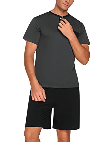 Marvmys Baumwoll-Pyjama-Set für Herren, kurze Ärmel, Nachtwäsche, 2-teilig, bequeme Nachtwäsche, Pyjama-Sets mit Shorts, Dunkelgrauer Henley-Hals, XX-Large von Marvmys