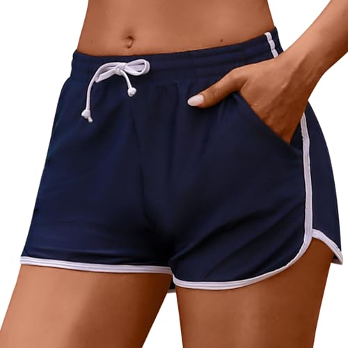 Marvmys Damen Badeshorts Kurze Sommer Strandshorts mit Gürtel und Taschen Fein Bedruckte Boardshorts Wassersport Shorts Schnelltrocknende Badeshorts Jogginghose Hot Pants S-XXL Navy blau L von Marvmys