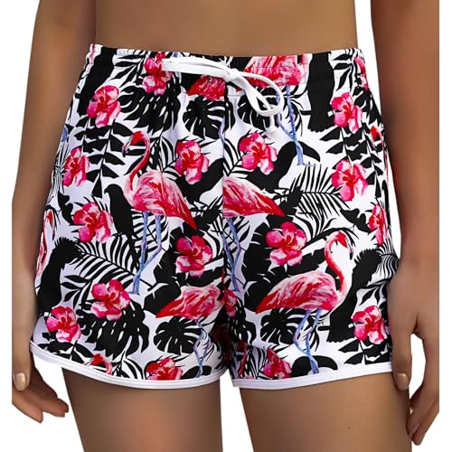 Marvmys Damen Badeshorts Kurze Sommer Strandshorts mit Gürtel und Taschen Fein Bedruckte Boardshorts Wassersport Shorts Schnelltrocknende Badeshorts Jogginghose Hot Pants S-XXL Rot-A L von Marvmys