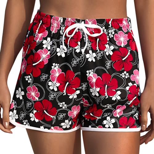 Marvmys Damen Badeshorts Kurze Sommer Strandshorts mit Gürtel und Taschen Fein Bedruckte Boardshorts Wassersport Shorts Schnelltrocknende Badeshorts Jogginghose Hot Pants S-XXL Rot-B L von Marvmys