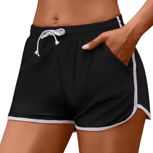 Marvmys Damen Badeshorts Kurze Sommer Strandshorts mit Gürtel und Taschen Fein Bedruckte Boardshorts Wassersport Shorts Schnelltrocknende Badeshorts Jogginghose Hot Pants S-XXL Schwarz-A S von Marvmys