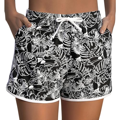 Marvmys Damen Badeshorts Kurze Sommer Strandshorts mit Gürtel und Taschen Fein Bedruckte Boardshorts Wassersport Shorts Schnelltrocknende Badeshorts Jogginghose Hot Pants S-XXL Schwarz L von Marvmys