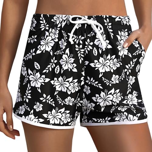 Marvmys Damen Badeshorts Kurze Sommer Strandshorts mit Gürtel und Taschen Fein Bedruckte Boardshorts Wassersport Shorts Schnelltrocknende Badeshorts Jogginghose Hot Pants S-XXL Weiß L von Marvmys