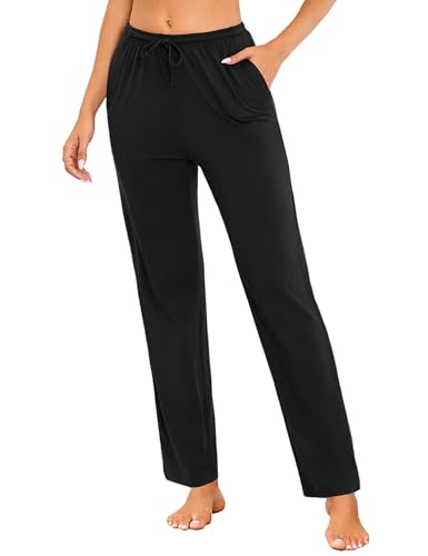 Marvmys Damen Schlafanzughose Lang Pyjamahose Damen Geradem Beinil Baumwolle Nachtwäsche Freizeithose Pyjamahosen Mit Taschen Und Kordelzug S-3XL von Marvmys