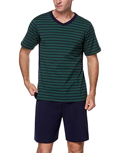 Marvmys Herren Kurzarm Pyjama Set Sommer Pj Kurz Set 2 Stück Loungewear Nachtwäsche mit Taschen, Grüne Streifen, X-Large von Marvmys