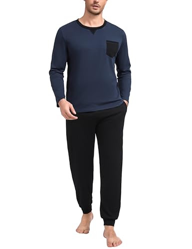 Marvmys Herren Pyjama Lang Baumwolle Schlafanzug Rundhals Winter Pyjamaset Schlafanzüge Männer Langarm Shirt mit Brusttasche Pyjamahose mit Tasche und Bündchen Navy blau M von Marvmys