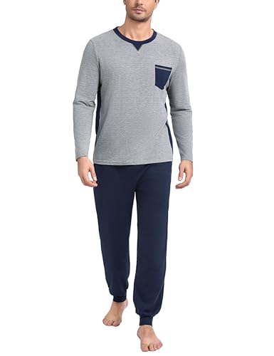 Marvmys Herren Pyjama Lang Baumwolle Schlafanzug Rundhals Winter Pyjamaset Schlafanzüge Männer Langarm Shirt mit Brusttasche Pyjamahose mit Tasche und Bündchen hellgrau S von Marvmys