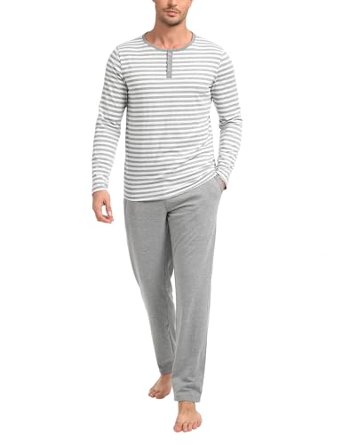 Marvmys Herren Pyjama Lang Baumwolle Schlafanzug Streifen Winter Pyjamaset Schlafanzüge Männer Langarm Shirt Pyjamahose mit Tasche von Marvmys