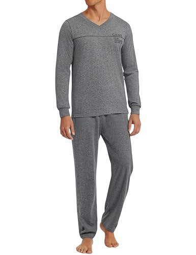 Marvmys Herren Pyjama Lang Baumwolle Schlafanzug V-Ausschnitt Winter Pyjamaset Schlafanzüge Männer Langarm Shirt mit Bündchen Pyjamahose mit Tasche dunkelgrau 3XL von Marvmys