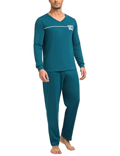 Marvmys Herren Pyjama Lang Baumwolle Schlafanzug V-Ausschnitt Winter Pyjamaset Schlafanzüge Männer Langarm Shirt mit Bündchen Pyjamahose mit Tasche dunkelgrün 3XL von Marvmys
