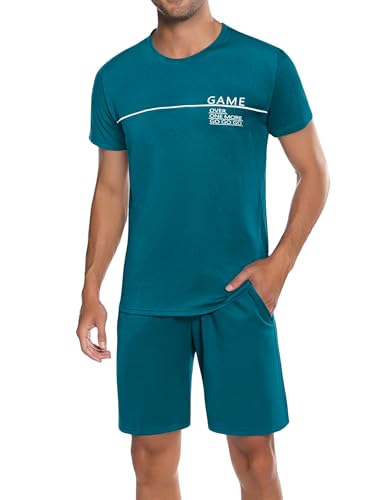 Marvmys Herren Schlafanzug Kurz Sommer Pyjama Baumwolle Rundhals Zweiteilige Pyjamas mit Kurzarm T-Shirt Pyjamahose für Männer S-3XL von Marvmys