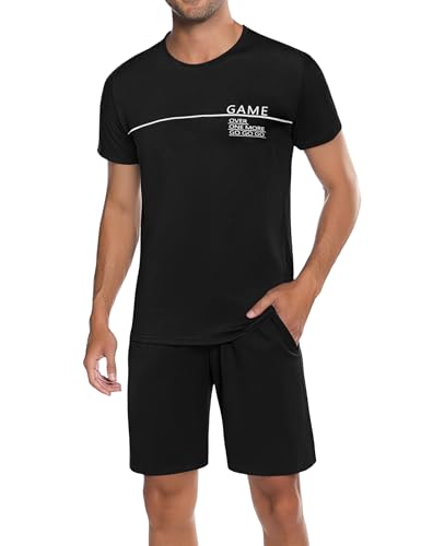 Marvmys Herren Schlafanzug Kurz Sommer Pyjama Baumwolle Rundhals Zweiteilige Pyjamas mit Kurzarm T-Shirt Pyjamahose für Männer S-3XL von Marvmys