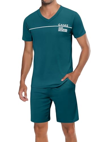 Marvmys Herren Schlafanzug Kurz Pyjama Baumwolle V-Ausschnitt Nightwear Sommer Nachtwäsche Pyjamaset Kurzarm T-Shirt Schlafanzughose Shorty von Marvmys
