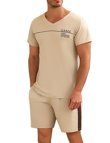 Marvmys Herren Schlafanzug Kurz Pyjama Baumwolle V-Ausschnitt Nightwear Nachtwäsche Pyjamaset Kurzarm T-Shirt Schlafanzughose Shorty Helles Khaki M von Marvmys