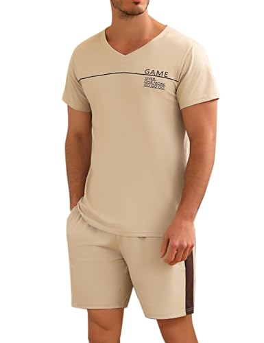 Marvmys Herren Schlafanzug Kurz Pyjama Baumwolle V-Ausschnitt Nightwear Nachtwäsche Pyjamaset Kurzarm T-Shirt Schlafanzughose Shorty Helles Khaki XL von Marvmys