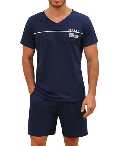 Marvmys Herren Schlafanzug Kurz Pyjama Baumwolle V-Ausschnitt Nightwear Nachtwäsche Pyjamaset Kurzarm T-Shirt Schlafanzughose Shorty Navy blau L von Marvmys