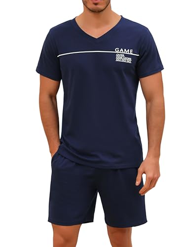 Marvmys Herren Schlafanzug Kurz Pyjama Baumwolle V-Ausschnitt Nightwear Nachtwäsche Pyjamaset Kurzarm T-Shirt Schlafanzughose Shorty Navy blau XL von Marvmys