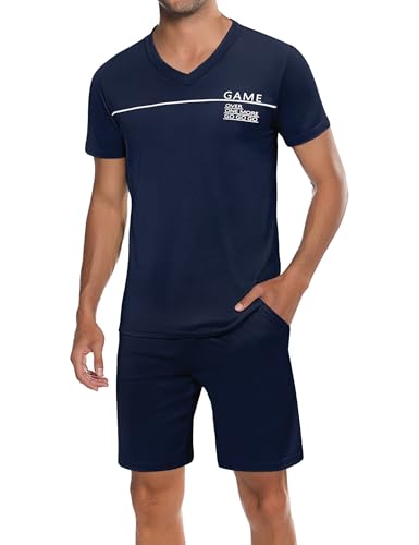 Marvmys Herren Schlafanzug Kurz Pyjama Baumwolle V-Ausschnitt Nightwear Sommer Nachtwäsche Pyjamaset Kurzarm T-Shirt Schlafanzughose Shorty von Marvmys