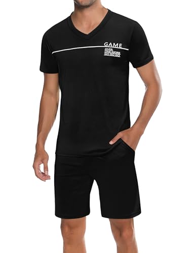 Marvmys Herren Schlafanzug Kurz Pyjama Baumwolle V-Ausschnitt Nightwear Sommer Nachtwäsche Pyjamaset Kurzarm T-Shirt Schlafanzughose Shorty von Marvmys