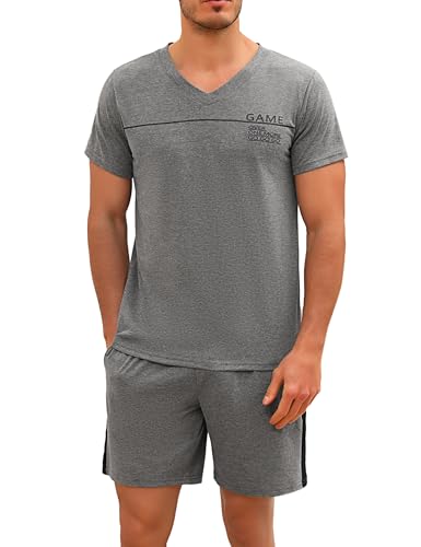 Marvmys Herren Schlafanzug Kurz Pyjama Baumwolle V-Ausschnitt Nightwear Nachtwäsche Pyjamaset Kurzarm T-Shirt Schlafanzughose Shorty dunkelgrau M von Marvmys