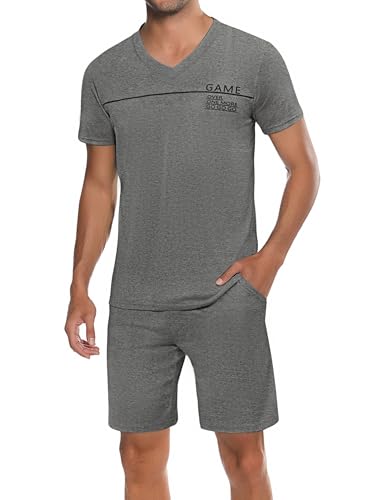 Marvmys Herren Schlafanzug Kurz Pyjama Baumwolle V-Ausschnitt Nightwear Sommer Nachtwäsche Pyjamaset Kurzarm T-Shirt Schlafanzughose Shorty von Marvmys