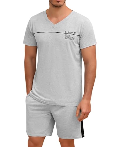 Marvmys Herren Schlafanzug Kurz Pyjama Baumwolle V-Ausschnitt Nightwear Nachtwäsche Pyjamaset Kurzarm T-Shirt Schlafanzughose Shorty hellgrau L von Marvmys