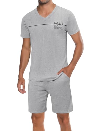 Marvmys Herren Schlafanzug Kurz Pyjama Baumwolle V-Ausschnitt Nightwear Sommer Nachtwäsche Pyjamaset Kurzarm T-Shirt Schlafanzughose Shorty von Marvmys