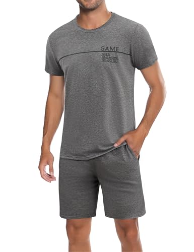Marvmys Herren Schlafanzug Kurz Sommer Pyjama Baumwolle Rundhals Zweiteilige Pyjamas mit Kurzarm T-Shirt Pyjamahose für Männer S-3XL von Marvmys