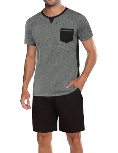 Marvmys Herren Schlafanzug Kurz Sommer Baumwolle Pyjama Set Kurzarm mit Brusttasche S-3XL von Marvmys