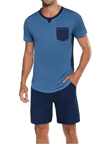 Marvmys Herren Schlafanzug Kurz Sommer Baumwolle Pyjama Set Kurzarm mit Brusttasche S-3XL von Marvmys