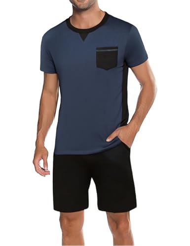 Marvmys Herren Schlafanzug Kurz Sommer Baumwolle Pyjama Set Kurzarm mit Brusttasche S-3XL von Marvmys