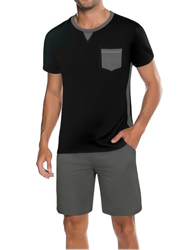 Marvmys Herren Schlafanzug Kurz Sommer Baumwolle Pyjama Set Kurzarm mit Brusttasche S-3XL von Marvmys