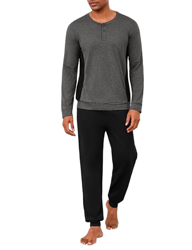 Marvmys Herren Schlafanzug Lang Baumwolle Schlafanzüge für Herren Winter Pyjamas mit Langarmshirt und Pyjamahose für Männer mit Knopfleiste von Marvmys