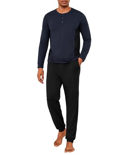 Marvmys Herren Schlafanzug Lang Baumwolle Schlafanzüge für Herren Winter Pyjamas mit Langarmshirt und Pyjamahose für Männer mit Knopfleiste von Marvmys