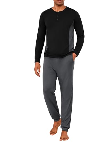 Marvmys Herren Schlafanzug Lang Baumwolle Schlafanzüge für Herren Winter Pyjamas mit Langarmshirt und Pyjamahose für Männer mit Knopfleiste von Marvmys