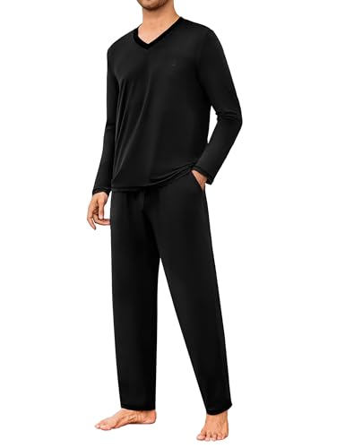 Marvmys Herren Schlafanzug Lang Baumwolle Schlafanzug Herren Langen Ärmeln Winter Pyjamas Männer Zweiteilige V-Ausschnitt Nightwear Set mit Taschen S-4XL von Marvmys