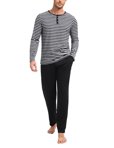 Marvmys Herren Schlafanzug Lang Baumwolle Streifen Winter Pyjama Set Schlafanzüge Männer Langarm Shirt Pyjamahose mit Tasche Stil A M von Marvmys