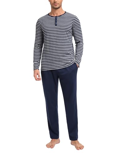 Marvmys Herren Schlafanzug Lang Baumwolle Streifen Winter Pyjama Set Schlafanzüge Männer Langarm Shirt Pyjamahose mit Tasche Stil D XXL von Marvmys