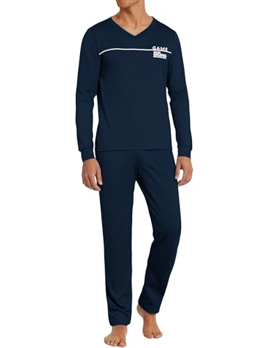 Marvmys Herren Schlafanzug Lang Baumwolle V-Ausschnitt Winter Pyjama Set Schlafanzüge Männer Langarm Shirt mit Bündchen Pyjamahose mit Tasche Navy blau L von Marvmys