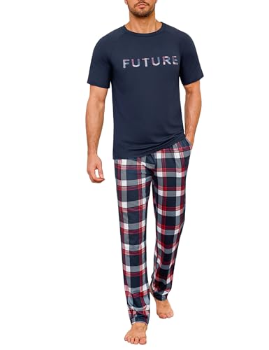 Marvmys Herren Schlafanzug Lang Baumwolle Winter Herren Pyjama Buchstabenprint Und Karierten Schlafhosen mit Taschen S-4XL von Marvmys