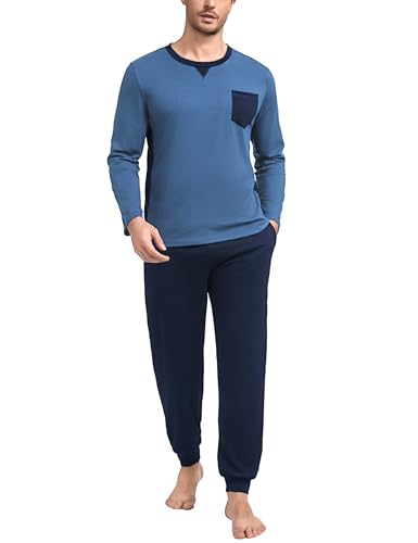 Marvmys Herren Schlafanzug Lang Baumwolle Winter Pyjama Set Schlafanzüge Männer Langarm Shirt mit Brusttasche Pyjamahose mit Tasche und Bündchen Blau 3XL von Marvmys